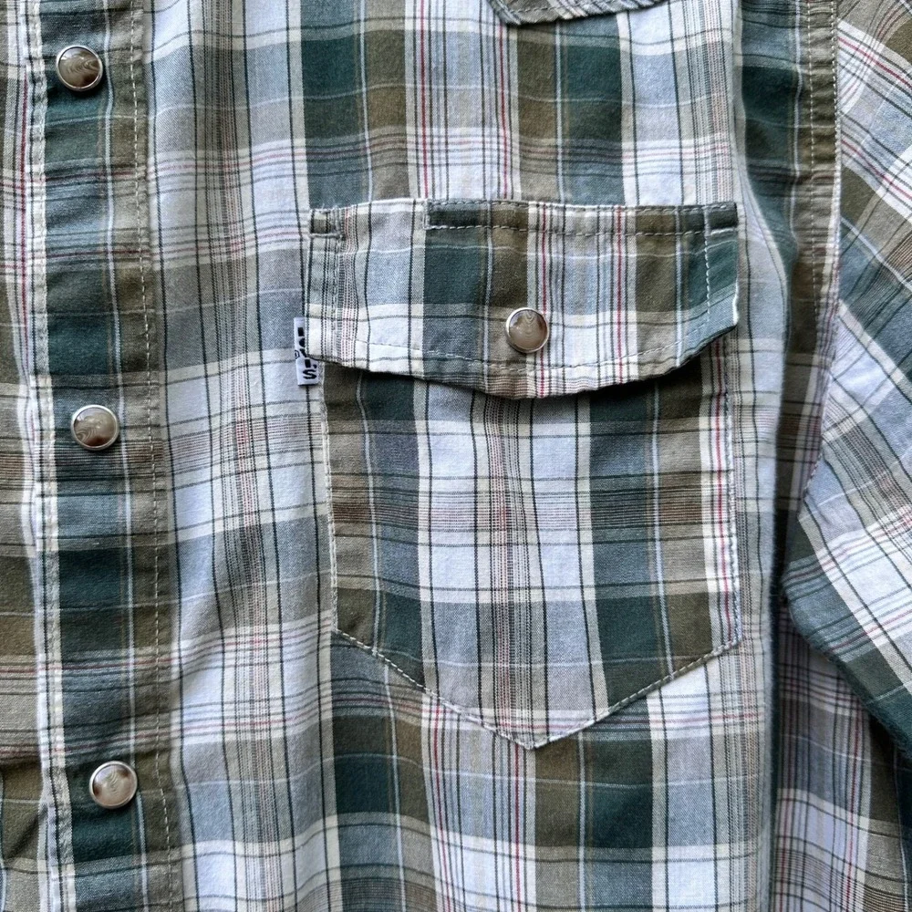 Levis Mens Size Medium Western Plaid Snap Front Shirt Olive Green Long Sleeve M